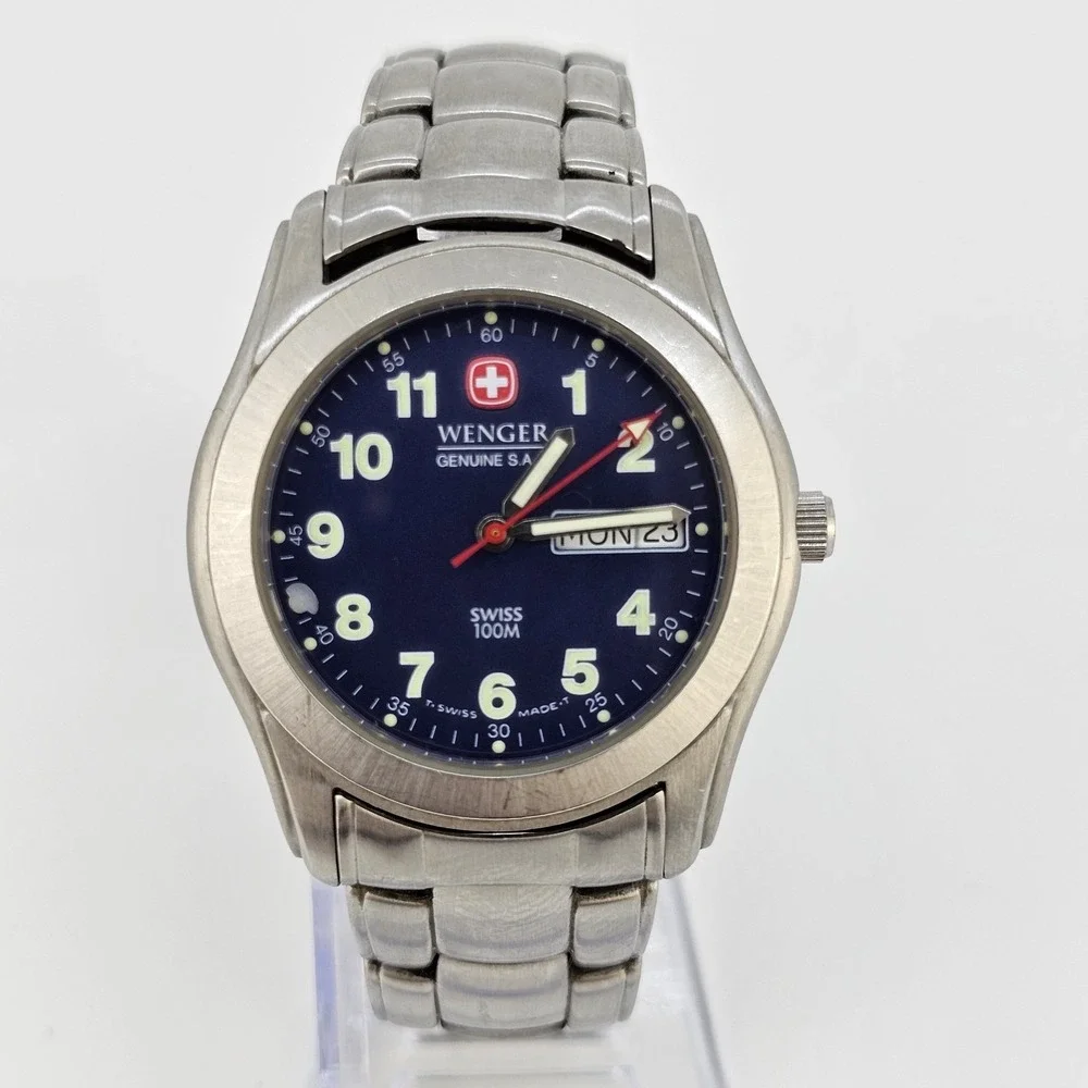 Wenger SKA Watch Men 38MM Blue Dial Day Date Gray‎ Band 6